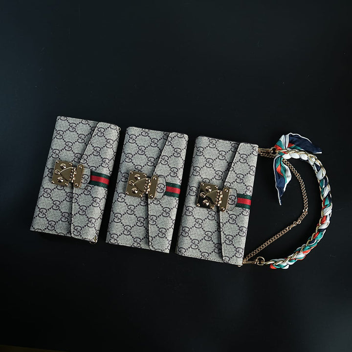 FRATO luxury Case iPhone Series Luxury Monogram PU Leather Wallet Case with Braided Chain Strap