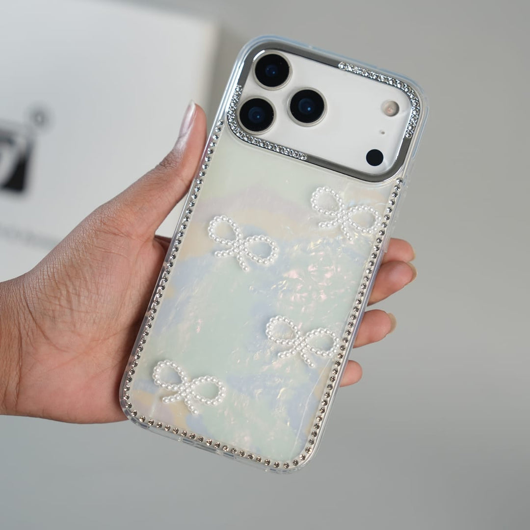 FRATO luxury Case iPhone Series Premium Pearl Bow Crystal Border Shimmer Case
