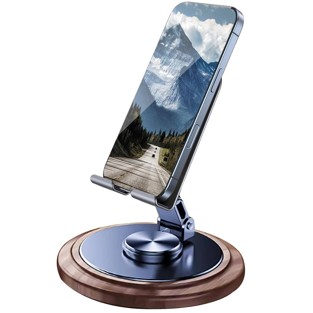 FRATO Mobile Stand Premium 360° Rotating Metal Mobile Phone Stand with Wooden Finish Base | Foldable Adjustable Desk Holder for Smartphone &amp; Tablet