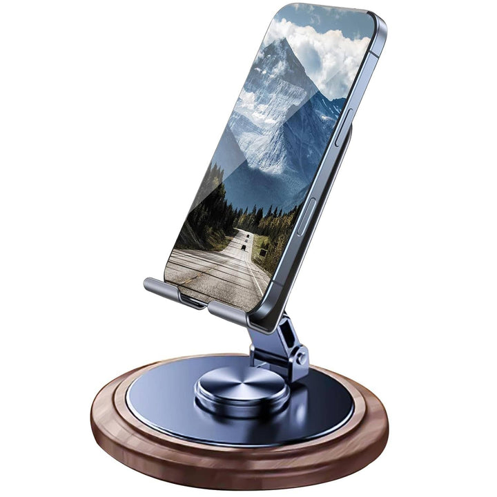 FRATO Mobile Stand Premium 360° Rotating Metal Mobile Phone Stand with Wooden Finish Base | Foldable Adjustable Desk Holder for Smartphone &amp; Tablet
