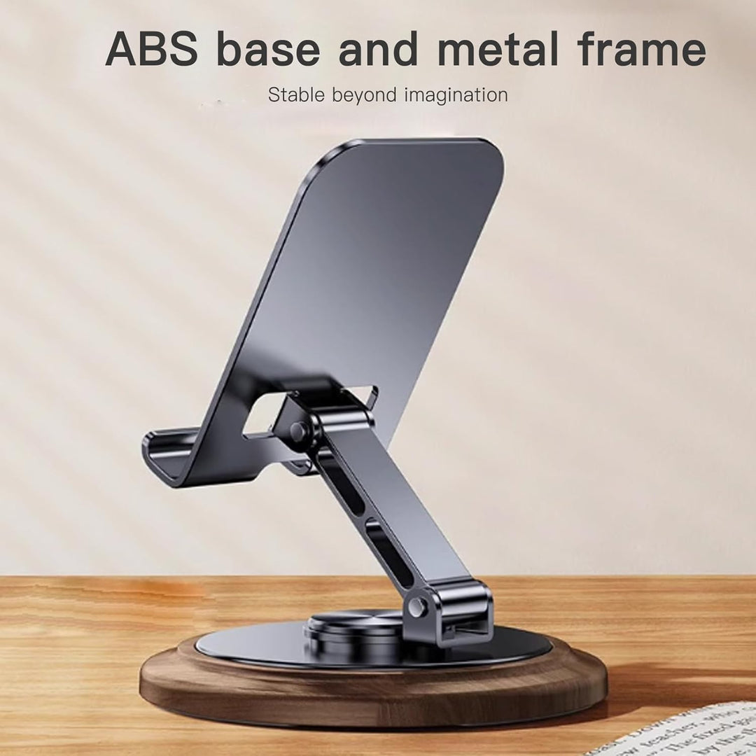 FRATO Mobile Stand Premium 360° Rotating Metal Mobile Phone Stand with Wooden Finish Base | Foldable Adjustable Desk Holder for Smartphone &amp; Tablet