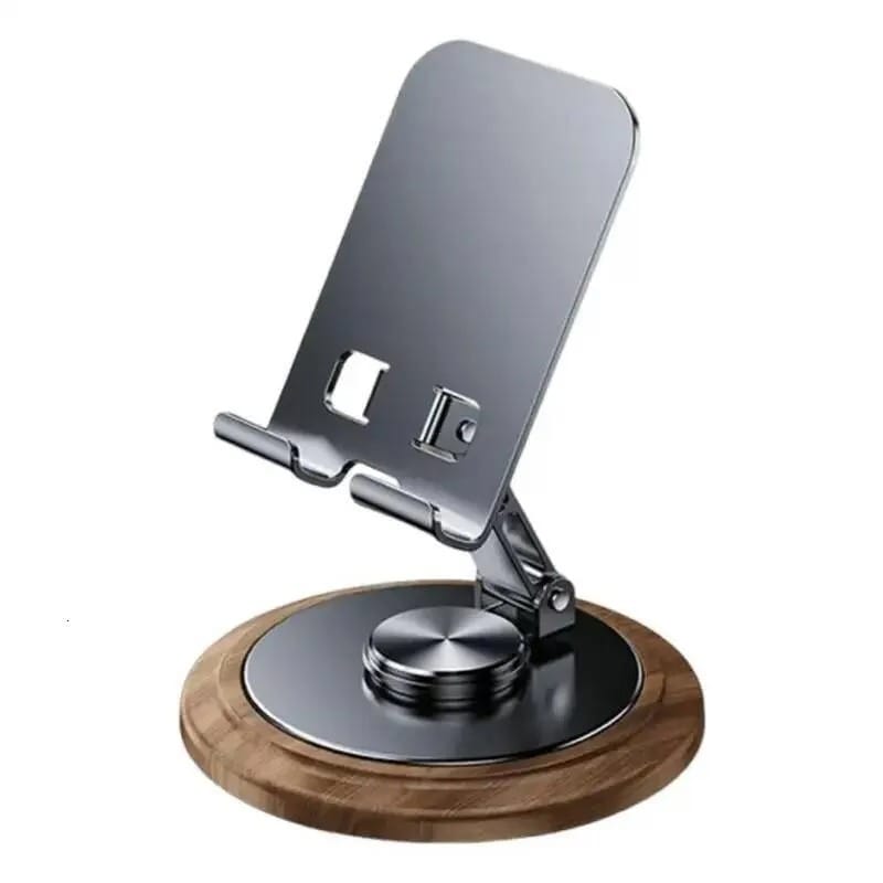 FRATO Mobile Stand Premium 360° Rotating Metal Mobile Phone Stand with Wooden Finish Base | Foldable Adjustable Desk Holder for Smartphone &amp; Tablet