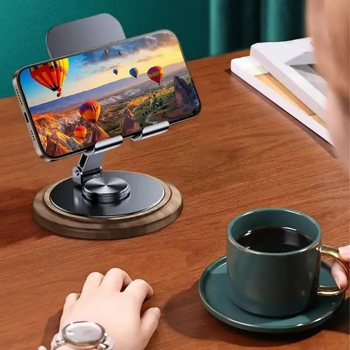 FRATO Mobile Stand Premium 360° Rotating Metal Mobile Phone Stand with Wooden Finish Base | Foldable Adjustable Desk Holder for Smartphone &amp; Tablet