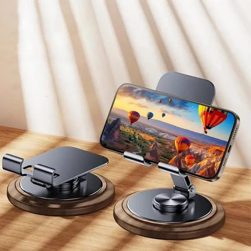 FRATO Mobile Stand Premium 360° Rotating Metal Mobile Phone Stand with Wooden Finish Base | Foldable Adjustable Desk Holder for Smartphone &amp; Tablet