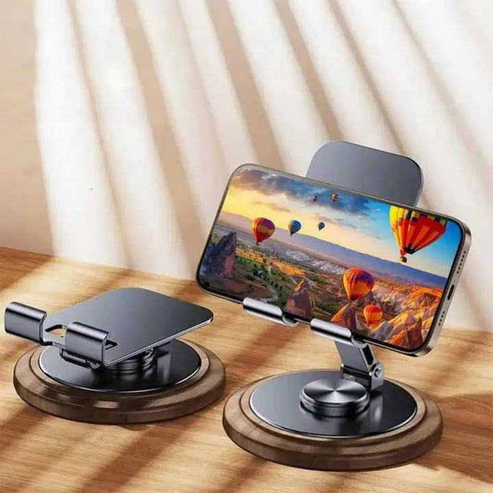 FRATO Mobile Stand Premium 360° Rotating Metal Mobile Phone Stand with Wooden Finish Base | Foldable Adjustable Desk Holder for Smartphone &amp; Tablet