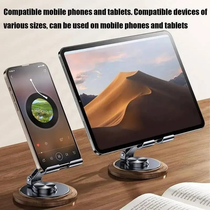 FRATO Mobile Stand Premium 360° Rotating Metal Mobile Phone Stand with Wooden Finish Base | Foldable Adjustable Desk Holder for Smartphone &amp; Tablet