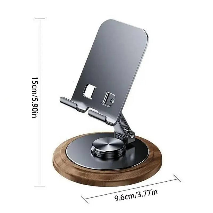 FRATO Mobile Stand Premium 360° Rotating Metal Mobile Phone Stand with Wooden Finish Base | Foldable Adjustable Desk Holder for Smartphone &amp; Tablet