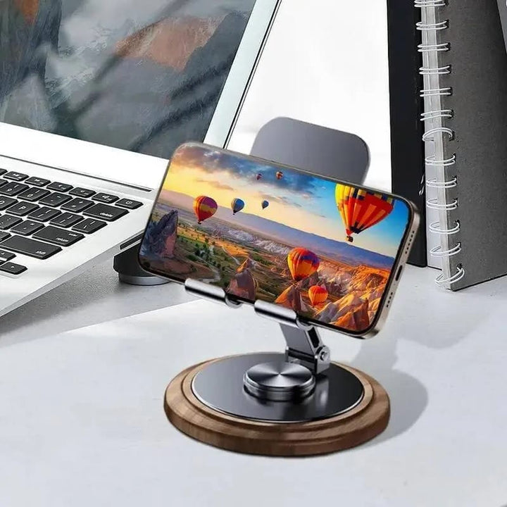 FRATO Mobile Stand Premium 360° Rotating Metal Mobile Phone Stand with Wooden Finish Base | Foldable Adjustable Desk Holder for Smartphone &amp; Tablet