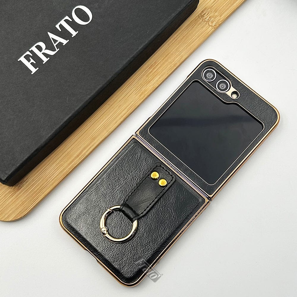 FRATO No Advertising Black Samsung Galaxy Z Flip 5 Chrome Plated Pu Leather Metal Ring Holder Case Cover
