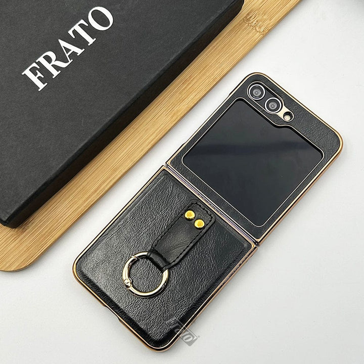 FRATO No Advertising Black Samsung Galaxy Z Flip 5 Chrome Plated Pu Leather Metal Ring Holder Case Cover