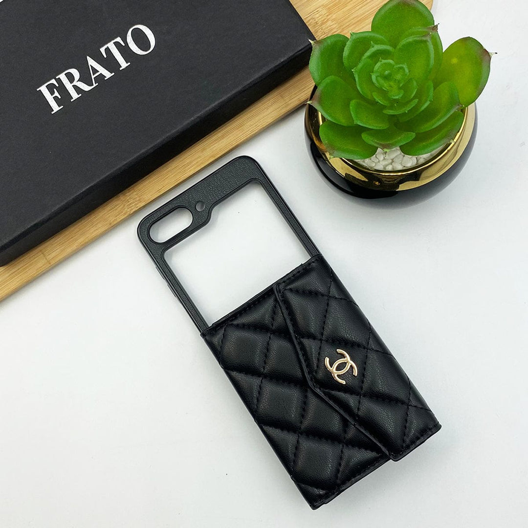 FRATO No Advertising Black Samsung Galaxy Z Flip 5 Luxury CC Puffer Stitch Card Holder Case Cover