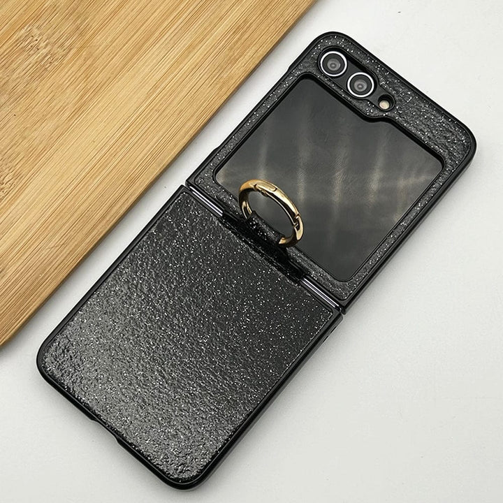 FRATO No Advertising Black Samsung Galaxy Z Flip 5 Shimmer Glitter Bling Metal Ring Holder Case Cover