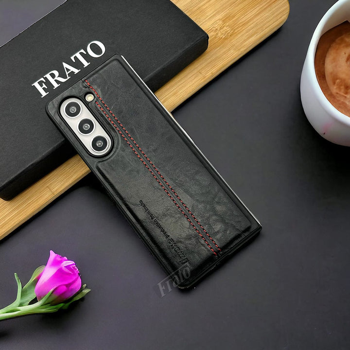 FRATO No Advertising Black Samsung Galaxy Z Fold 5 PU Leather Stitched Case With Inside Velvet Cover