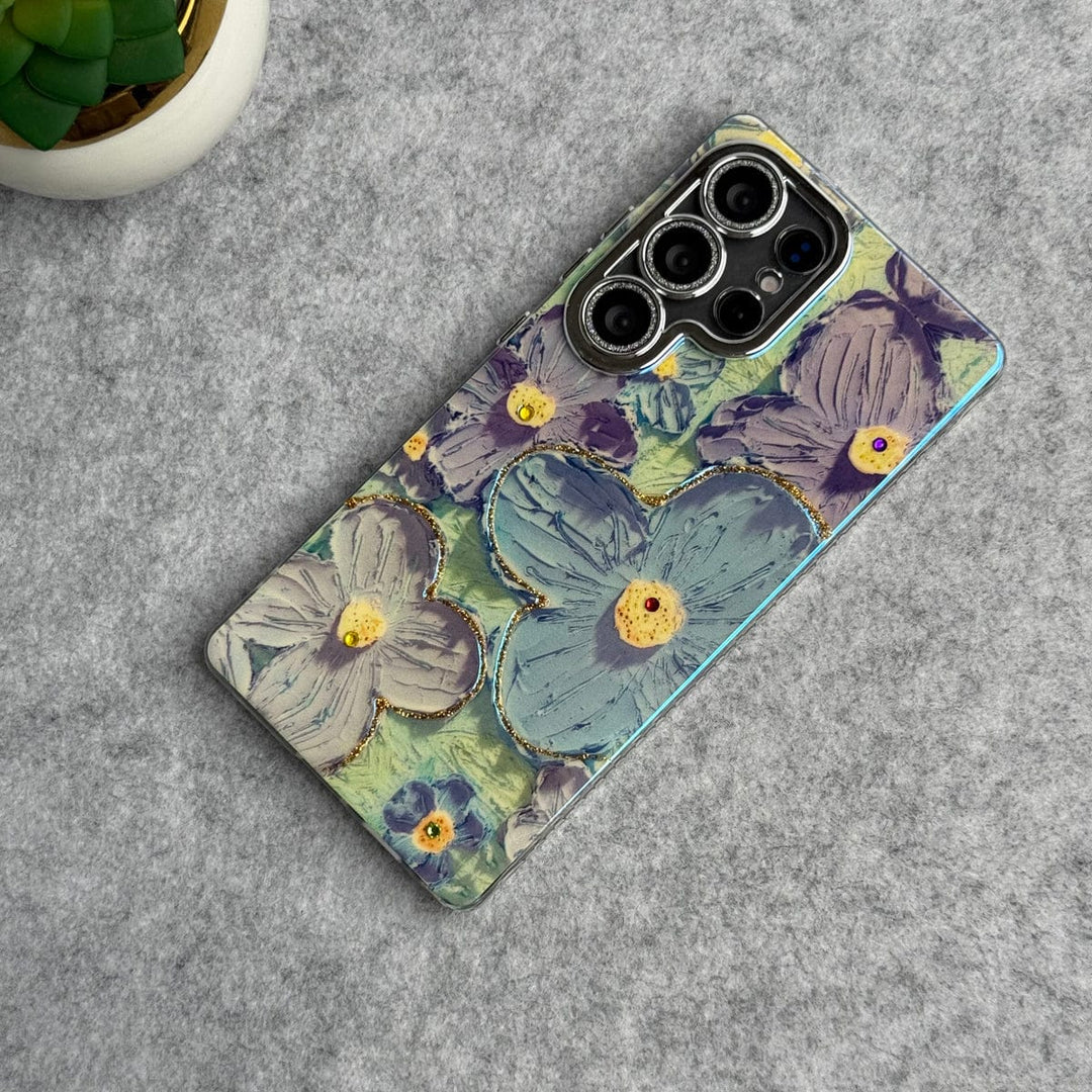 FRATO No Advertising Blue Samsung Galaxy S25 Ultra Luxury 3D Oil Painting Floral Design Glitter Lens Protection Cover