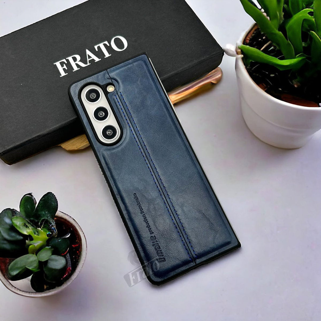 FRATO No Advertising Blue Samsung Galaxy Z Fold 5 PU Leather Stitched Case With Inside Velvet Cover