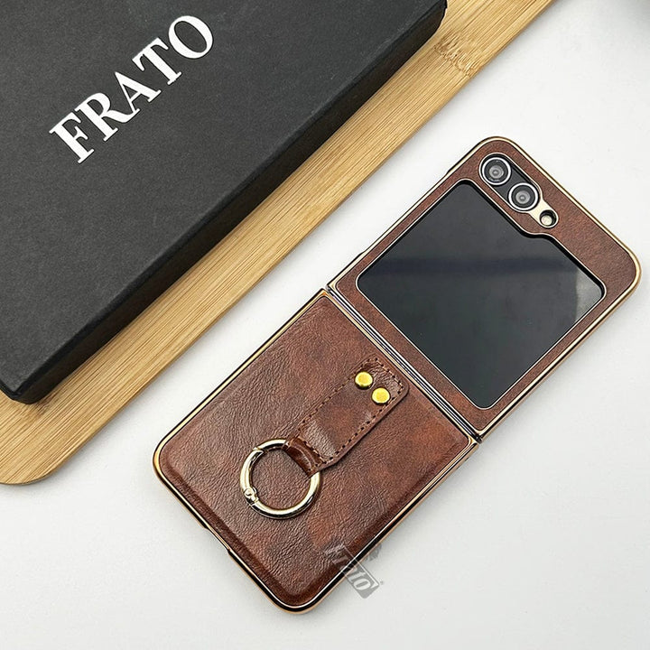FRATO No Advertising Brown Samsung Galaxy Z Flip 5 Chrome Plated Pu Leather Metal Ring Holder Case Cover