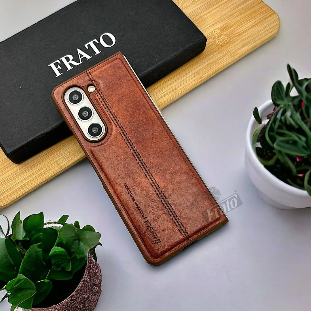 FRATO No Advertising Brown Samsung Galaxy Z Fold 5 PU Leather Stitched Case With Inside Velvet Cover