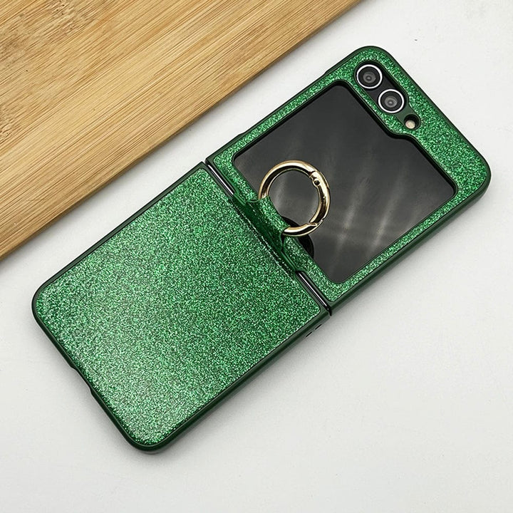 FRATO No Advertising Green Samsung Galaxy Z Flip 5 Shimmer Glitter Bling Metal Ring Holder Case Cover