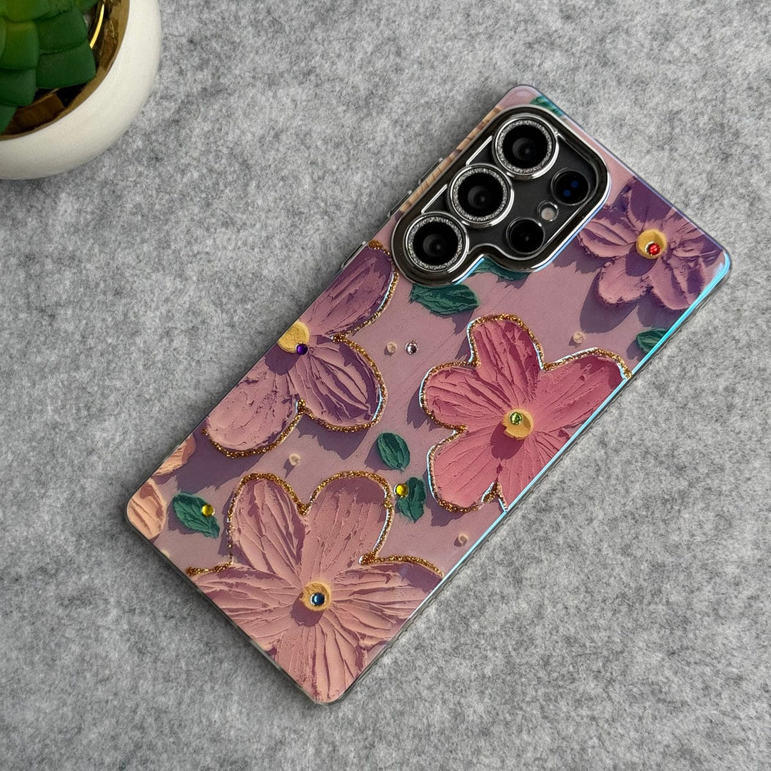 FRATO No Advertising Pink Samsung Galaxy S25 Ultra Luxury 3D Oil Painting Floral Design Glitter Lens Protection Cover