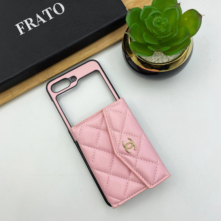 FRATO No Advertising Pink Samsung Galaxy Z Flip 5 Luxury CC Puffer Stitch Card Holder Case Cover