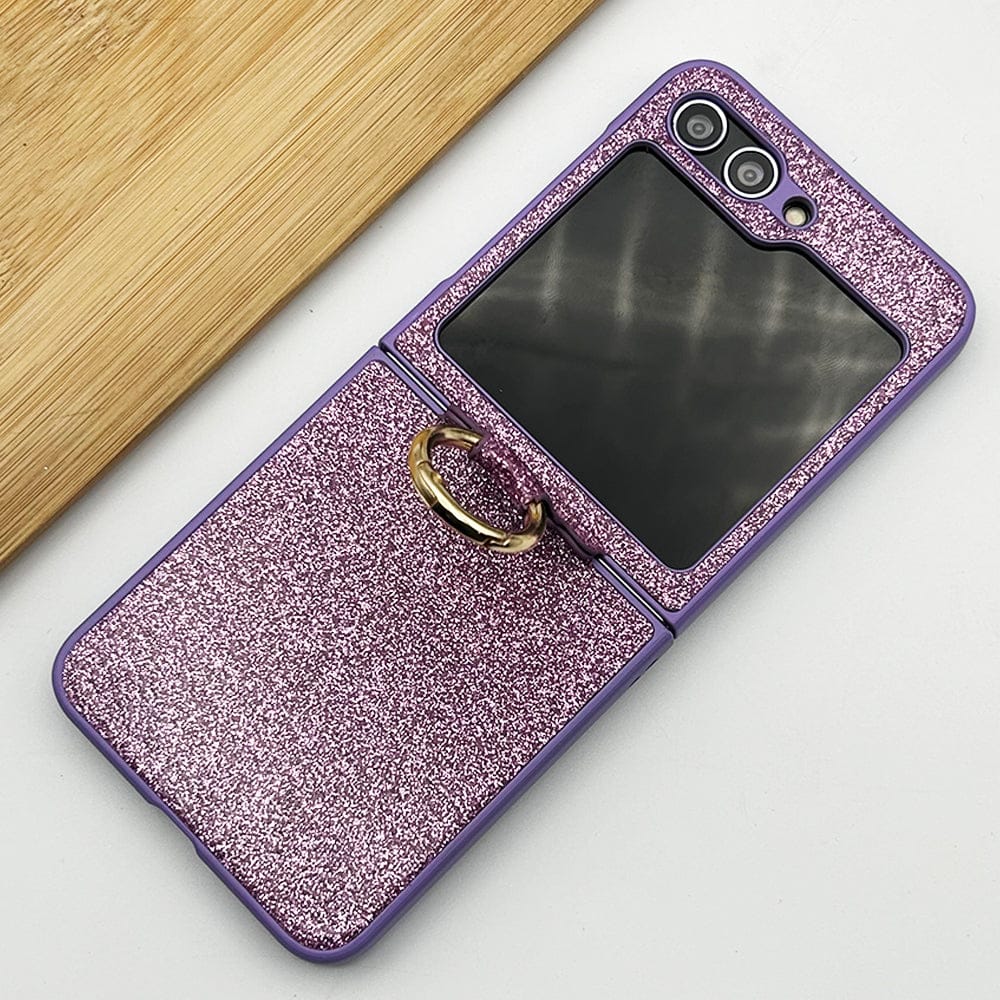 FRATO No Advertising Purple Samsung Galaxy Z Flip 5 Shimmer Glitter Bling Metal Ring Holder Case Cover