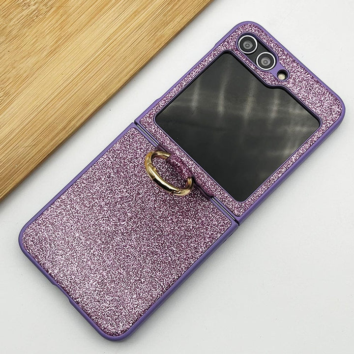 FRATO No Advertising Purple Samsung Galaxy Z Flip 5 Shimmer Glitter Bling Metal Ring Holder Case Cover