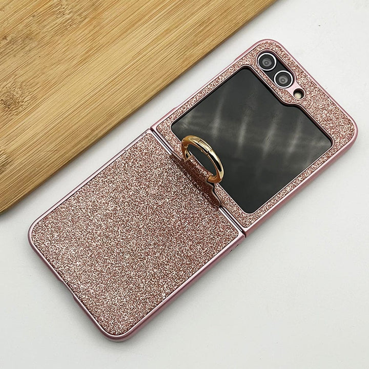 FRATO No Advertising Rose Gold Samsung Galaxy Z Flip 5 Shimmer Glitter Bling Metal Ring Holder Case Cover