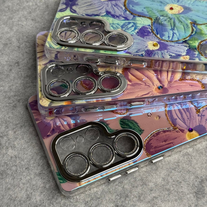 FRATO No Advertising Samsung Galaxy S25 Ultra Luxury 3D Oil Painting Floral Design Glitter Lens Protection Cover