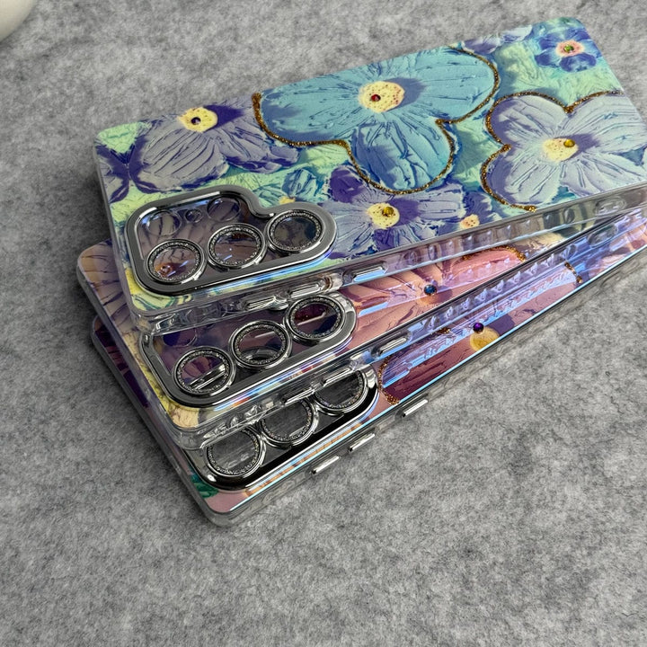 FRATO No Advertising Samsung Galaxy S25 Ultra Luxury 3D Oil Painting Floral Design Glitter Lens Protection Cover
