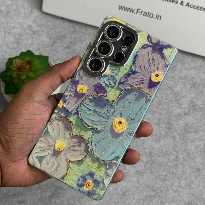 FRATO No Advertising Samsung Galaxy S25 Ultra Luxury 3D Oil Painting Floral Design Glitter Lens Protection Cover