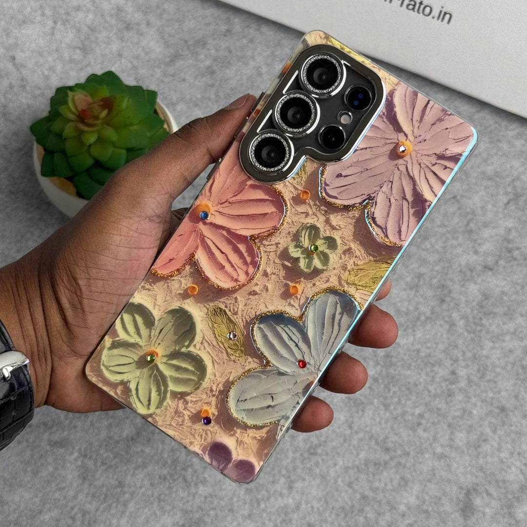 FRATO No Advertising Samsung Galaxy S25 Ultra Luxury 3D Oil Painting Floral Design Glitter Lens Protection Cover