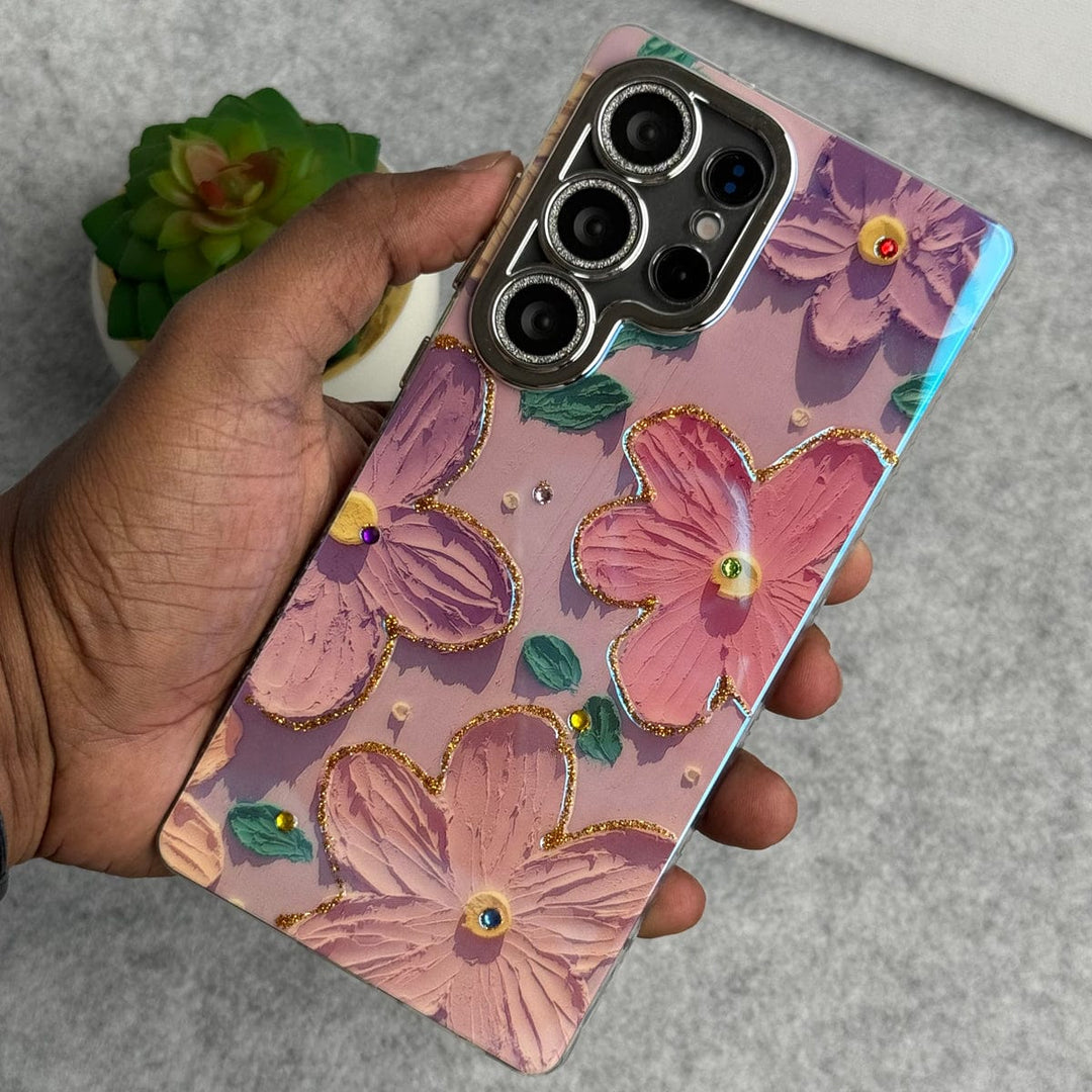 FRATO No Advertising Samsung Galaxy S25 Ultra Luxury 3D Oil Painting Floral Design Glitter Lens Protection Cover