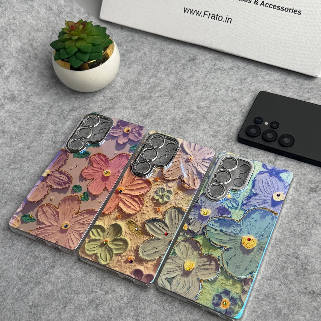 FRATO No Advertising Samsung Galaxy S25 Ultra Luxury 3D Oil Painting Floral Design Glitter Lens Protection Cover