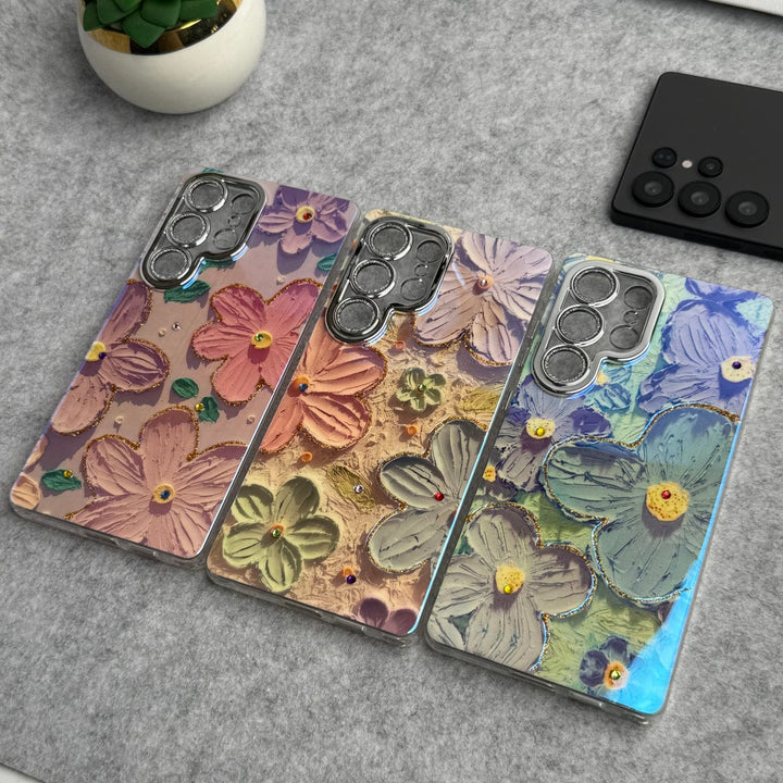 FRATO No Advertising Samsung Galaxy S25 Ultra Luxury 3D Oil Painting Floral Design Glitter Lens Protection Cover