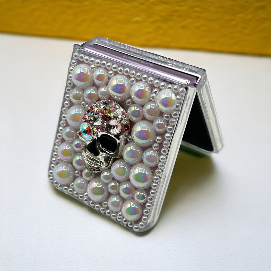 FRATO No Advertising Samsung Galaxy Z Flip 5 3D Skull With Pearl And Diamond Case Cover