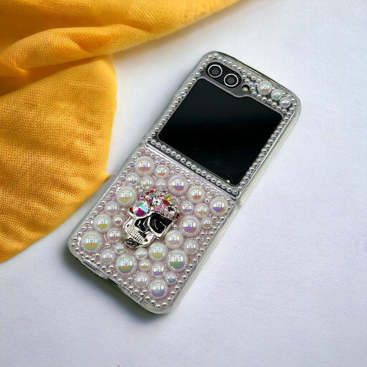 FRATO No Advertising Samsung Galaxy Z Flip 5 3D Skull With Pearl And Diamond Case Cover