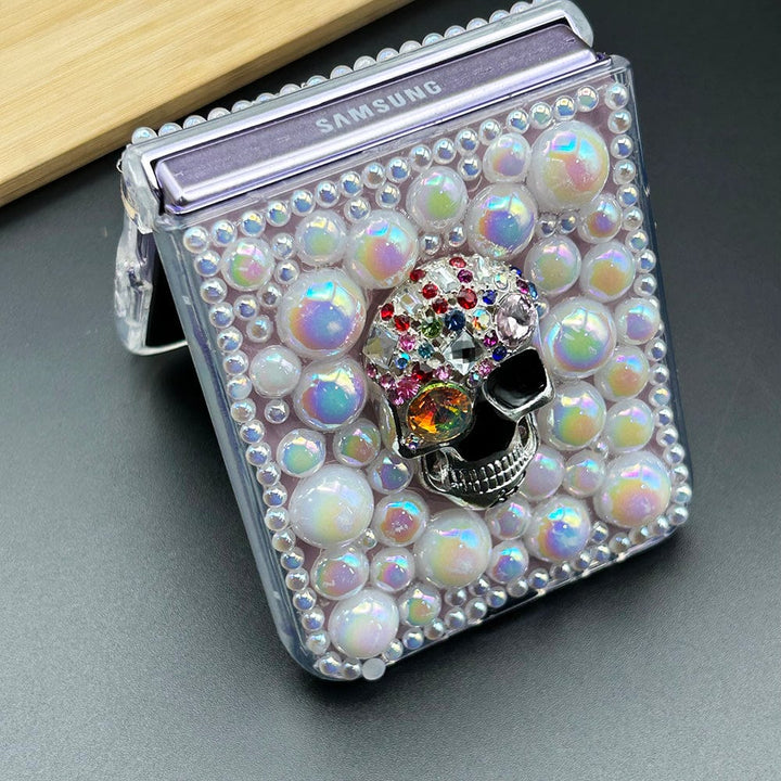 FRATO No Advertising Samsung Galaxy Z Flip 5 3D Skull With Pearl And Diamond Case Cover