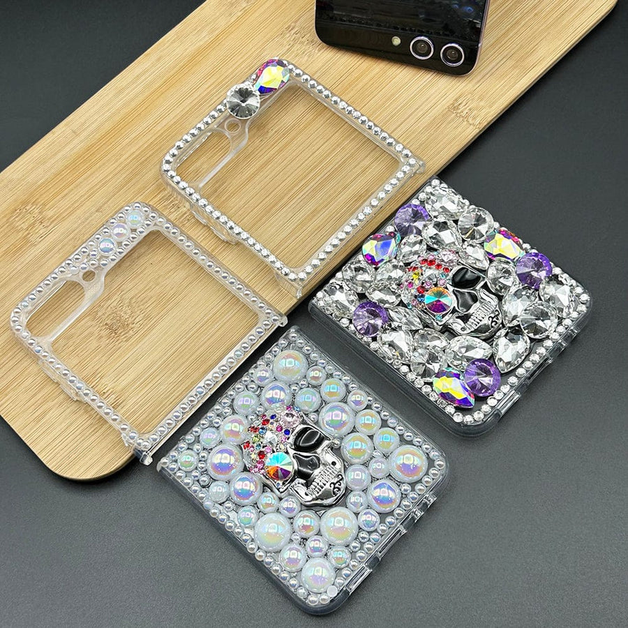 FRATO No Advertising Samsung Galaxy Z Flip 5 3D Skull With Pearl And Diamond Case Cover