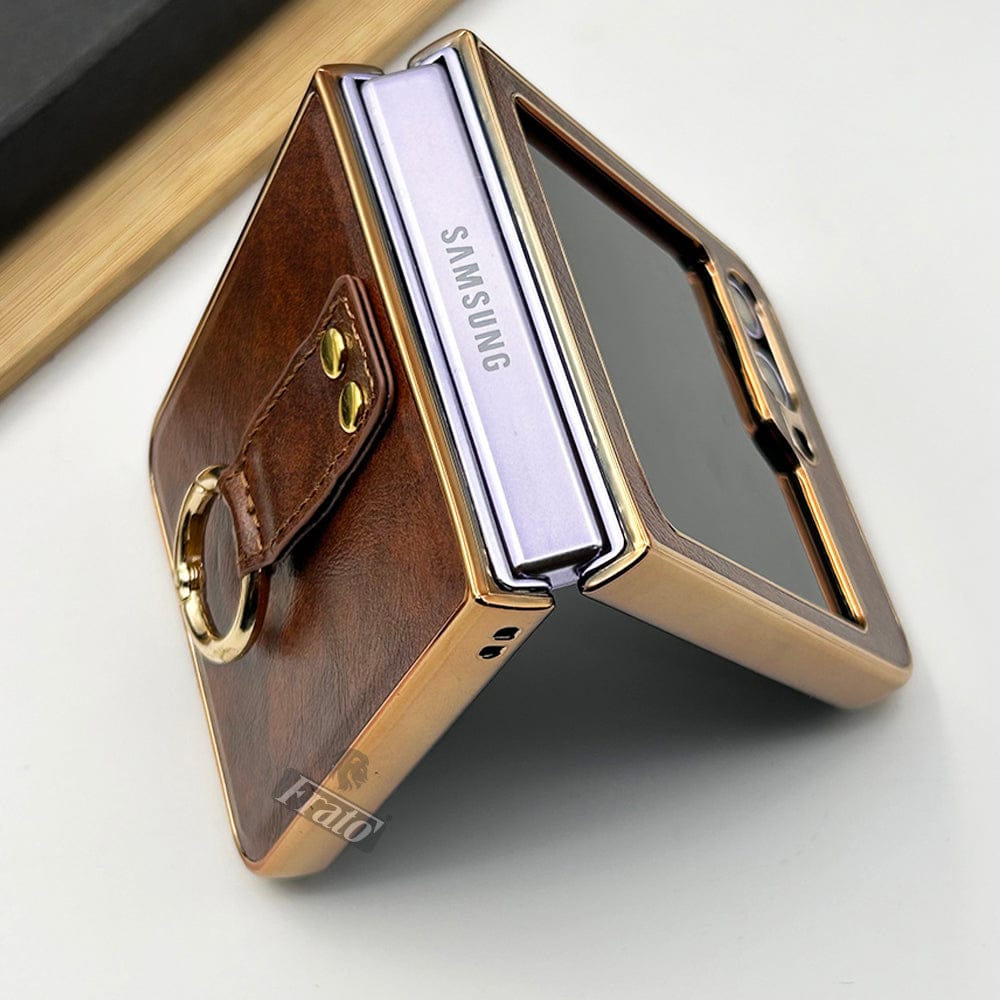 FRATO No Advertising Samsung Galaxy Z Flip 5 Chrome Plated Pu Leather Metal Ring Holder Case Cover