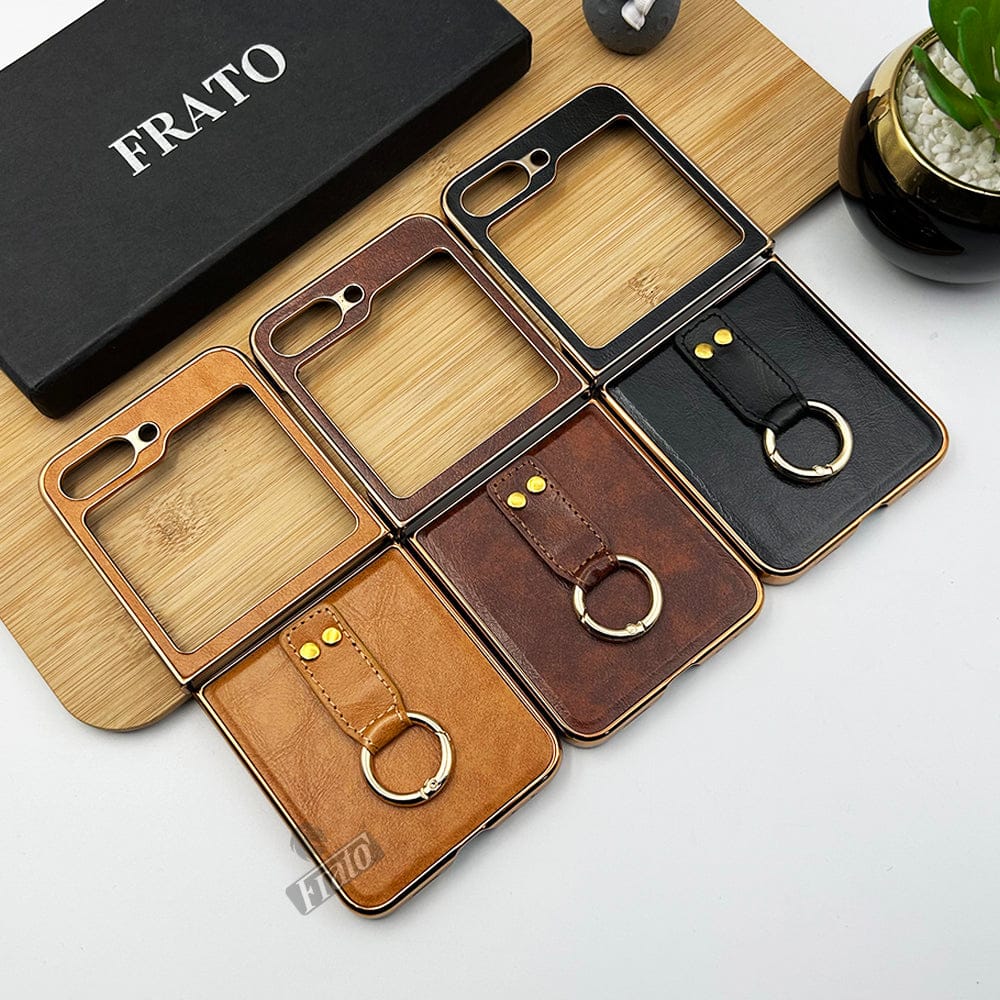 FRATO No Advertising Samsung Galaxy Z Flip 5 Chrome Plated Pu Leather Metal Ring Holder Case Cover
