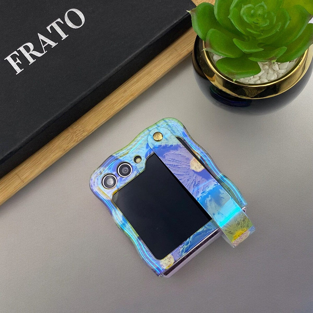 FRATO No Advertising Samsung Galaxy Z Flip 5 Wavy Design Floral Print Glossy Back Case Cover With Wriststrap Holder
