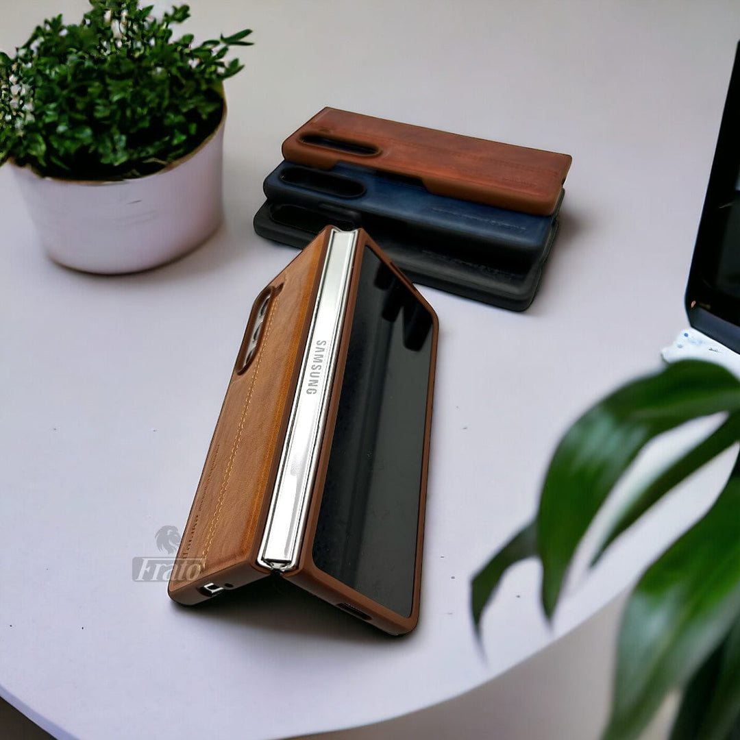 FRATO No Advertising Samsung Galaxy Z Fold 5 PU Leather Stitched Case With Inside Velvet Cover
