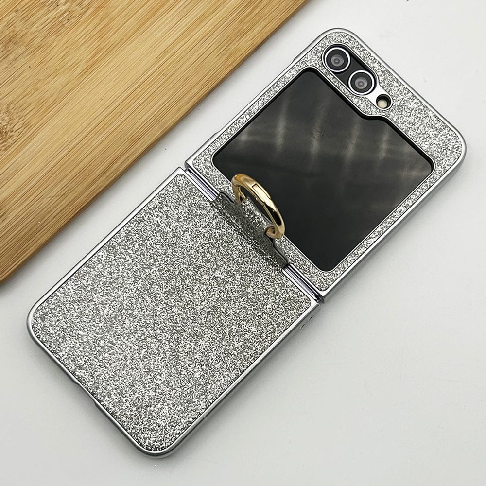 FRATO No Advertising Sliver Samsung Galaxy Z Flip 5 Shimmer Glitter Bling Metal Ring Holder Case Cover