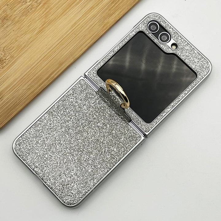 FRATO No Advertising Sliver Samsung Galaxy Z Flip 5 Shimmer Glitter Bling Metal Ring Holder Case Cover
