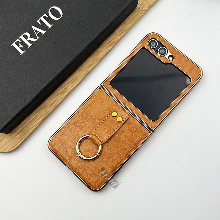 FRATO No Advertising Tan Brown Samsung Galaxy Z Flip 5 Chrome Plated Pu Leather Metal Ring Holder Case Cover