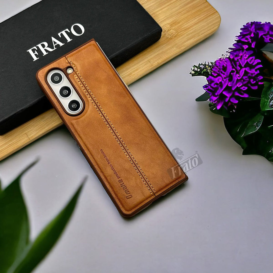 FRATO No Advertising Tan Brown Samsung Galaxy Z Fold 5 PU Leather Stitched Case With Inside Velvet Cover