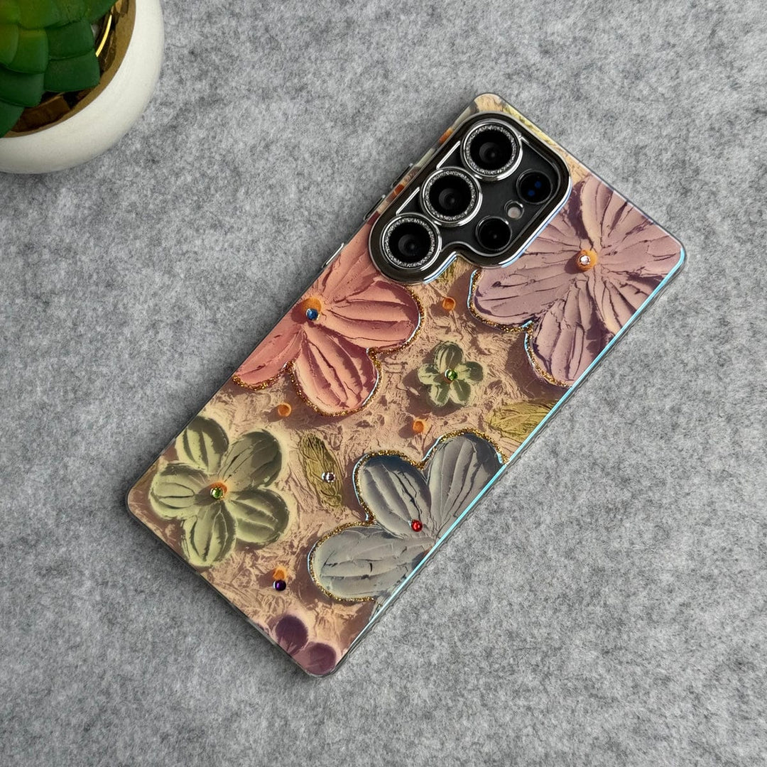 FRATO No Advertising Yellow Samsung Galaxy S25 Ultra Luxury 3D Oil Painting Floral Design Glitter Lens Protection Cover