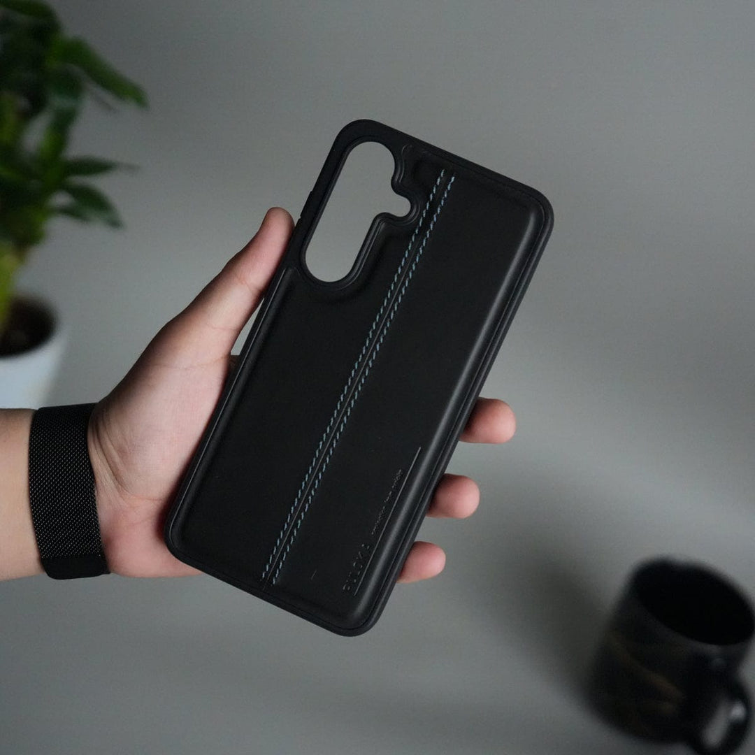 FRATO S25fe Black Galaxy S25 FE Leather Case | Classic Middle Stitched PU Back Cover