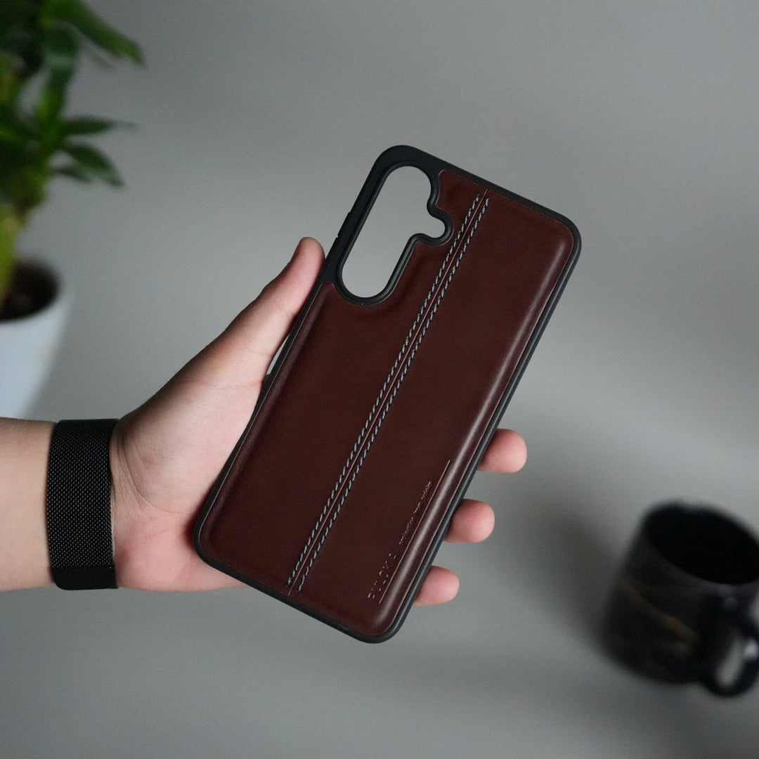 FRATO S25fe Brown Galaxy S25 FE Leather Case | Classic Middle Stitched PU Back Cover