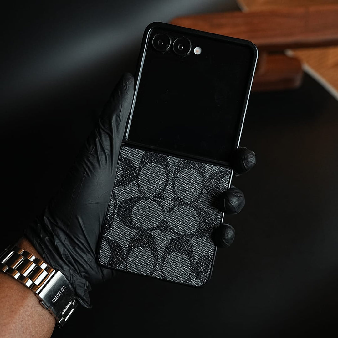 FRATO Samsung Galaxy Z Flip 8 Black Luxury Leather CC Pattern Case For Samsung Galaxy Z Flip 8 | Slim Designer Back Cover
